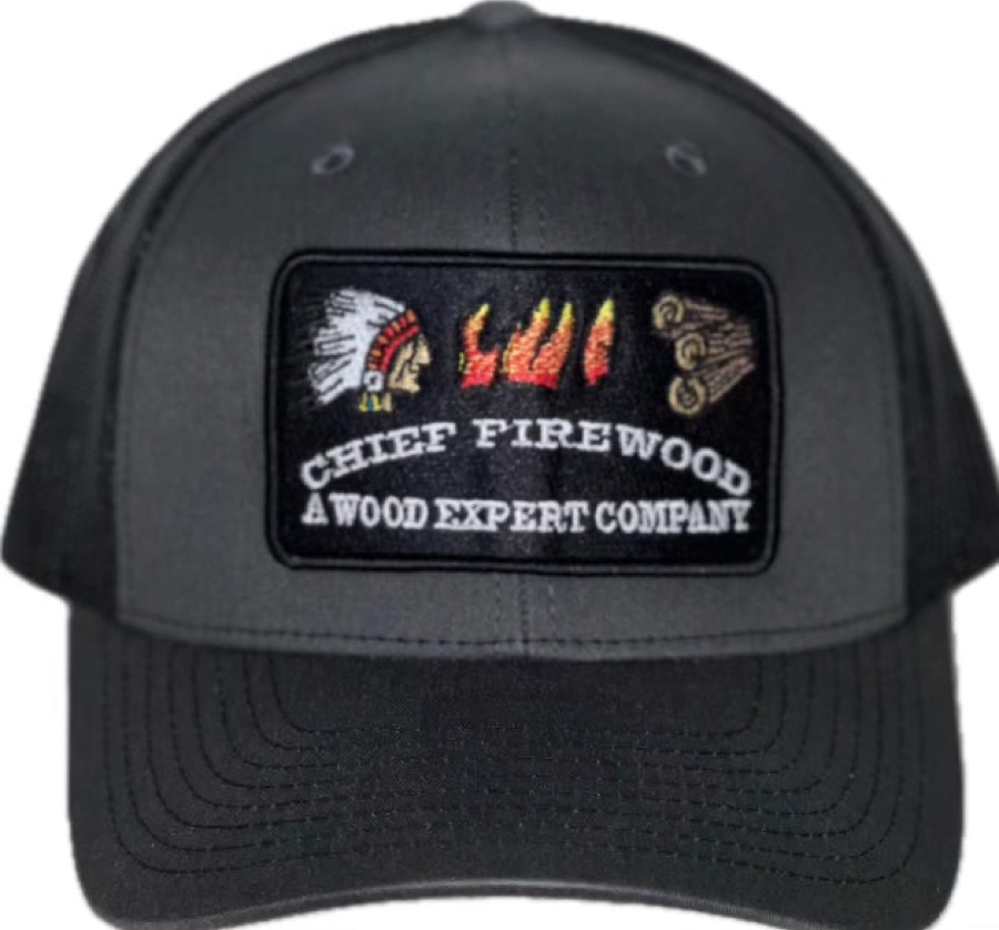 Dark grey hat, with black embroidered patch, black mesh backing with Snapback adjuster